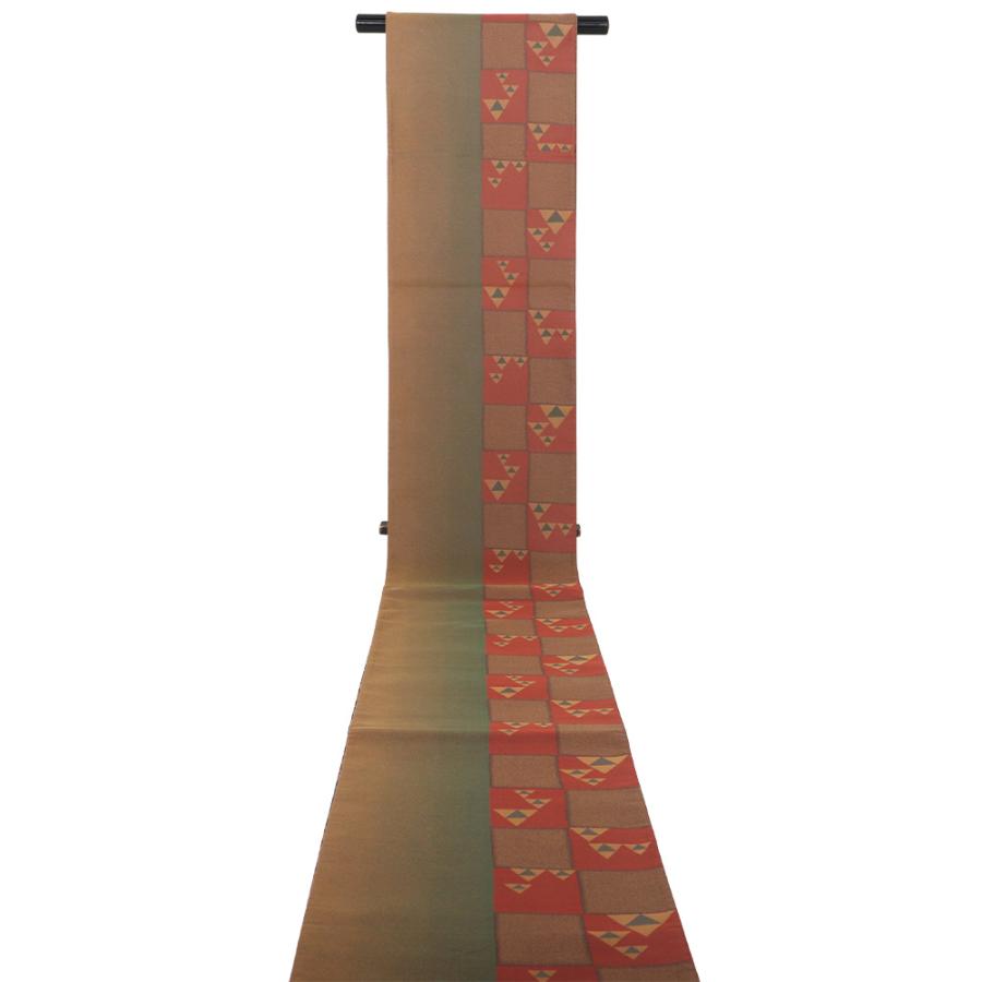 専用帯9255 ●菱屋六右ェ門 高級 正絹 片面全通 リバーシブル 袋帯 菱屋六右衛門 西陣織袋帯 正絹 緑 赤 抹茶色 鱗文 格子縞 Lサイズ
