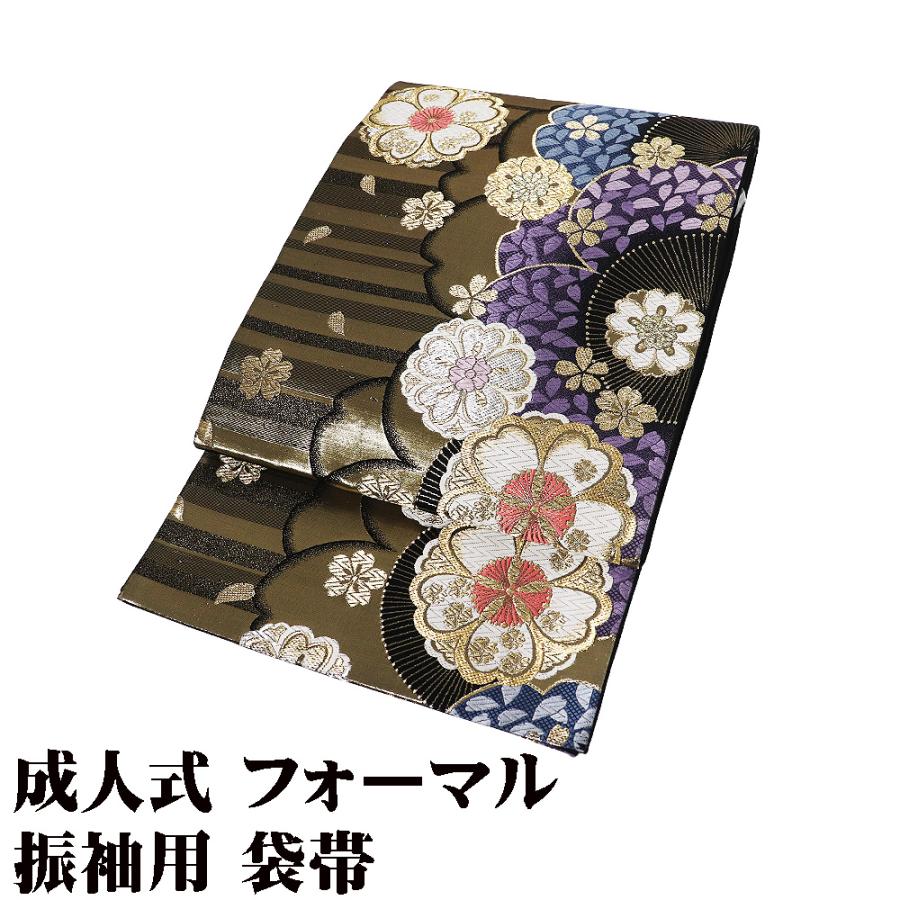 本日の特売品 ／ 振袖用 袋帯 正絹 金 紫 黒 桜 Sサイズ F8704 美品 