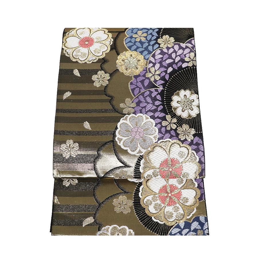 本日の特売品 ／ 振袖用 袋帯 正絹 金 紫 黒 桜 Sサイズ F8704 美品 
