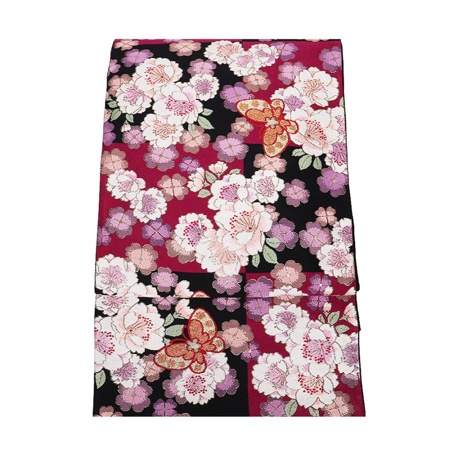 本日の特売品 ／ 振袖用 袋帯 正絹 黒 ローズピンク 格子縞 桜 蝶 M 