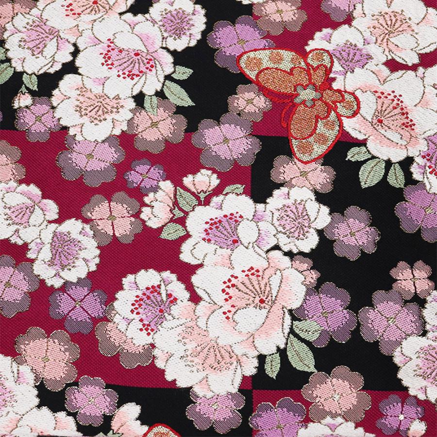 本日の特売品 ／ 振袖用 袋帯 正絹 黒 ローズピンク 格子縞 桜 蝶 M 