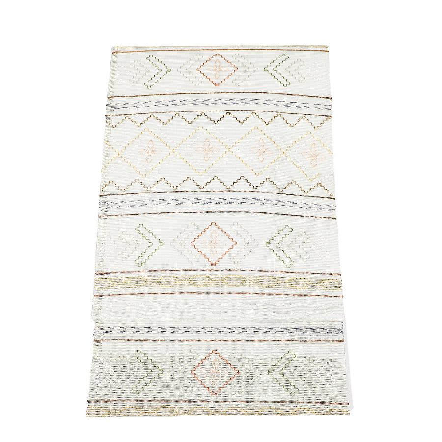 紗 袋帯 正絹 薄緑 刺繍 幾何文様柄 両面三通 Lサイズ F8776 新品 夏