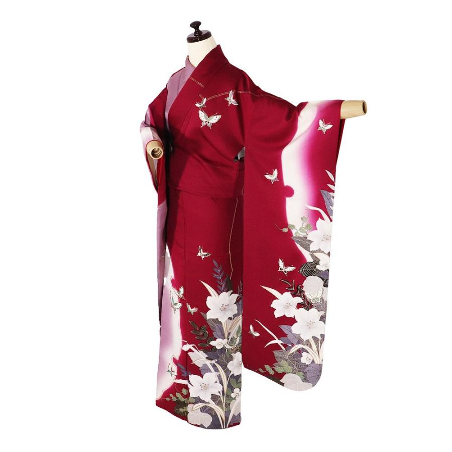 振袖 正絹 刺繍蝶に百合 ki19053 仕立て上がり 成人式にはお着物で  