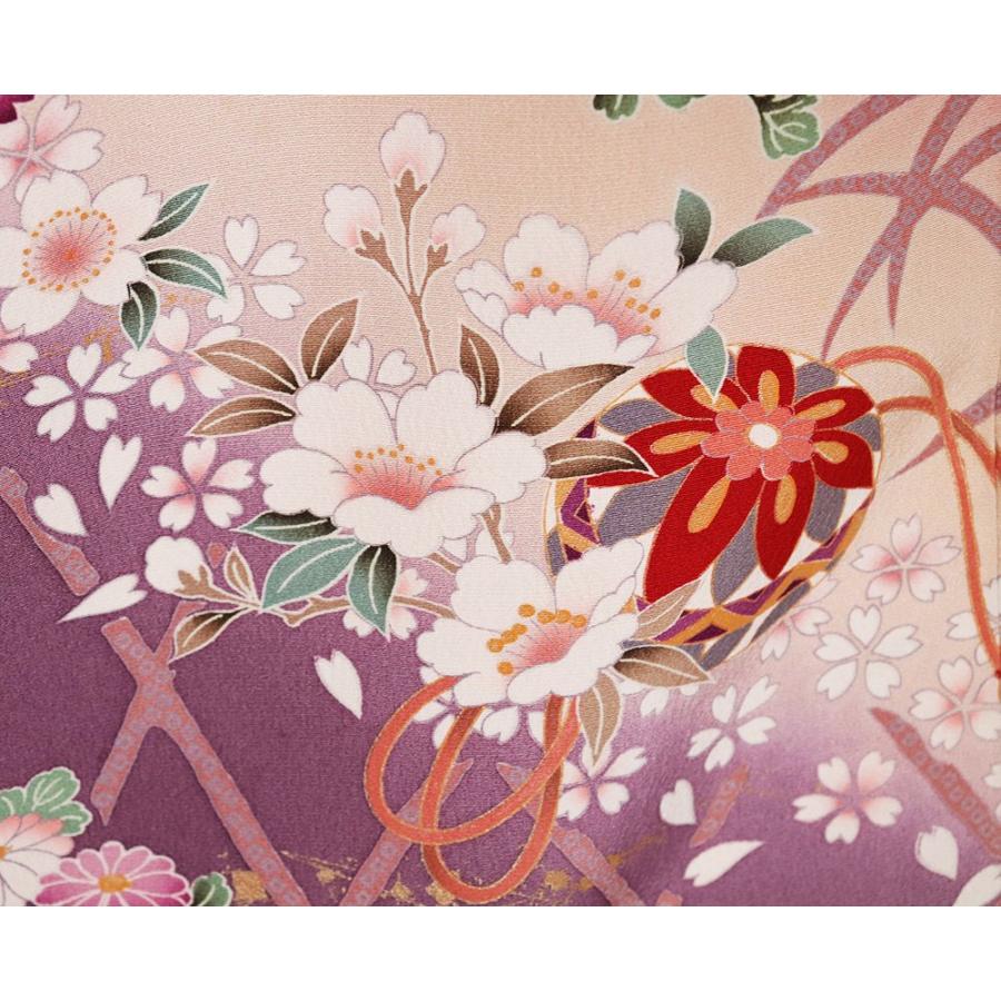 本振袖 袷 正絹 赤紫 ベージュ 紫 手毬 桜 菊 牡丹 トールサイズ