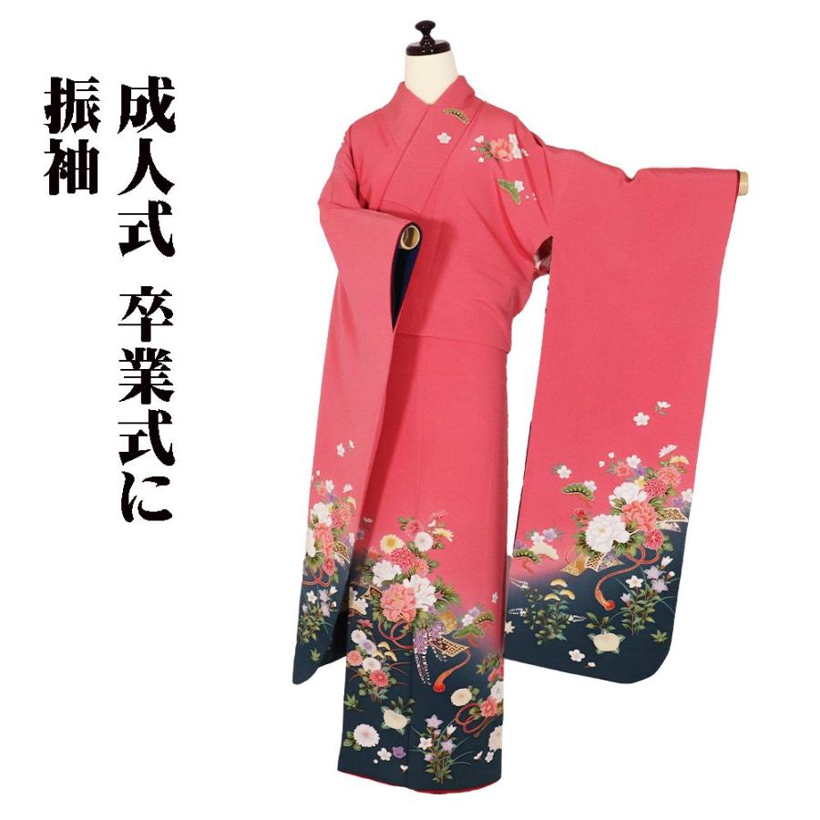 振袖 正絹 花束 本振袖仕立て 片比翼仕立て ピンク グレ- 花束 LL 
