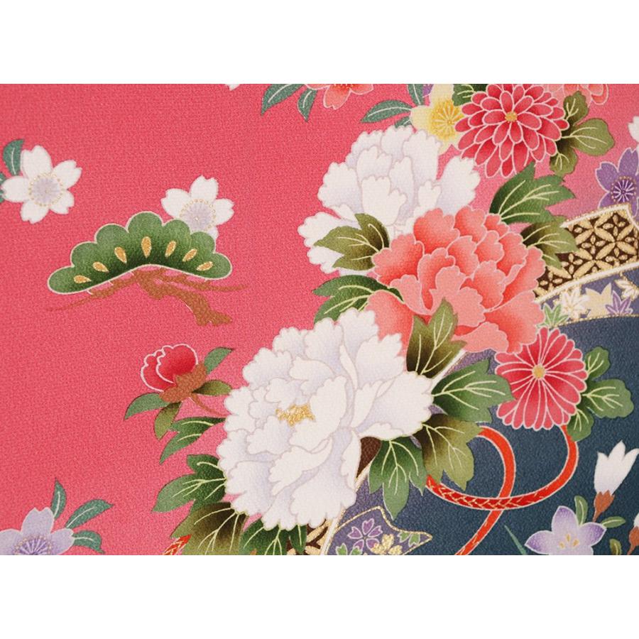 振袖 正絹 花束 本振袖仕立て 片比翼仕立て ピンク グレ- 花束 LL 