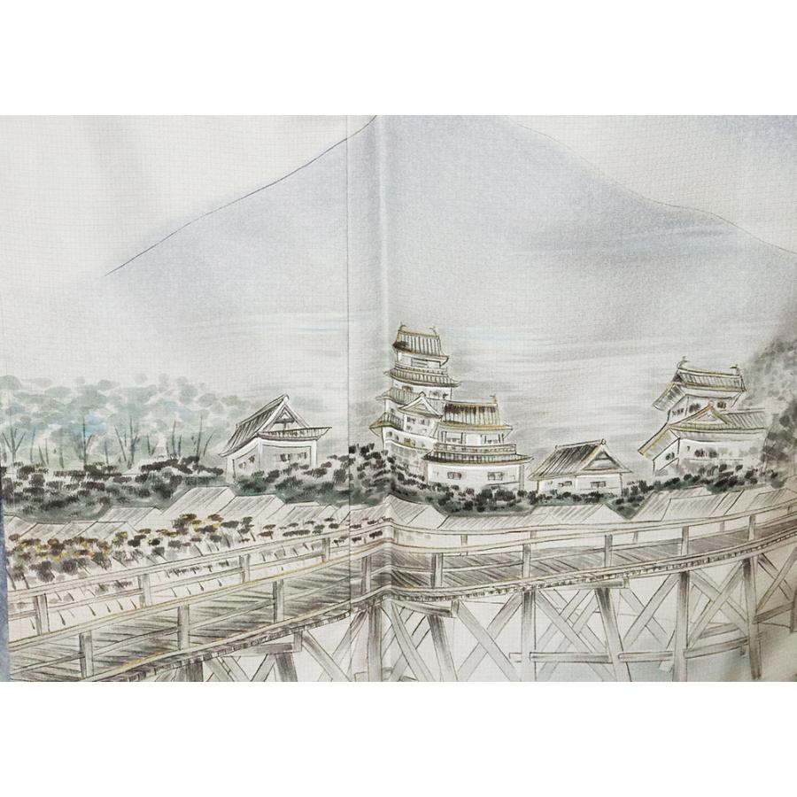 本場縞大島紬　訪問着　正絹　手描き橋風景　ki19760の画像