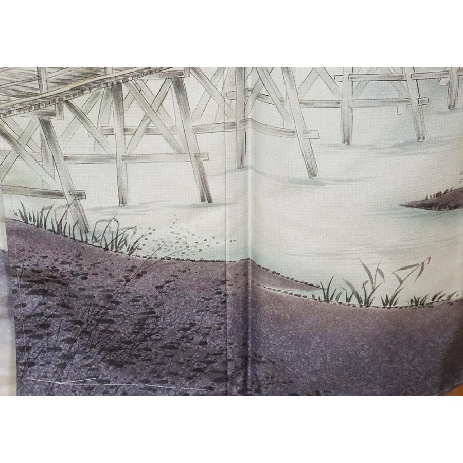 本場縞大島紬　訪問着　正絹　手描き橋風景　ki19760の画像