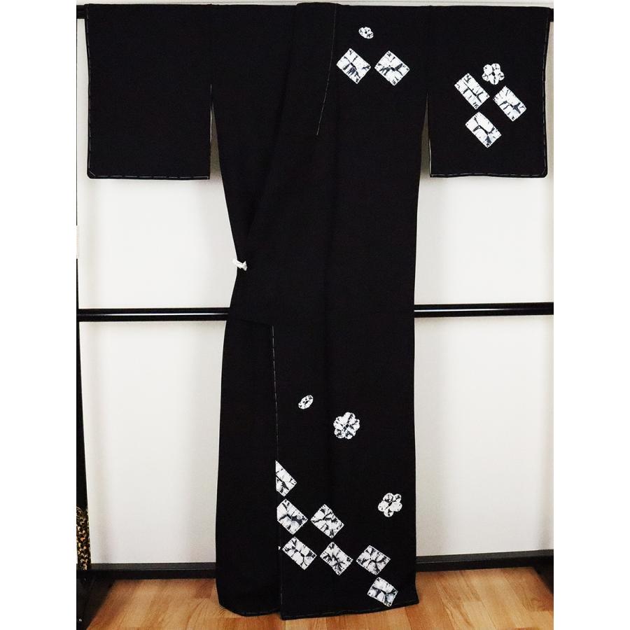 絞り訪問着 正絹 黒 手蜘蛛絞り花 手蜘蛛絞り格子 LLサイズ トール