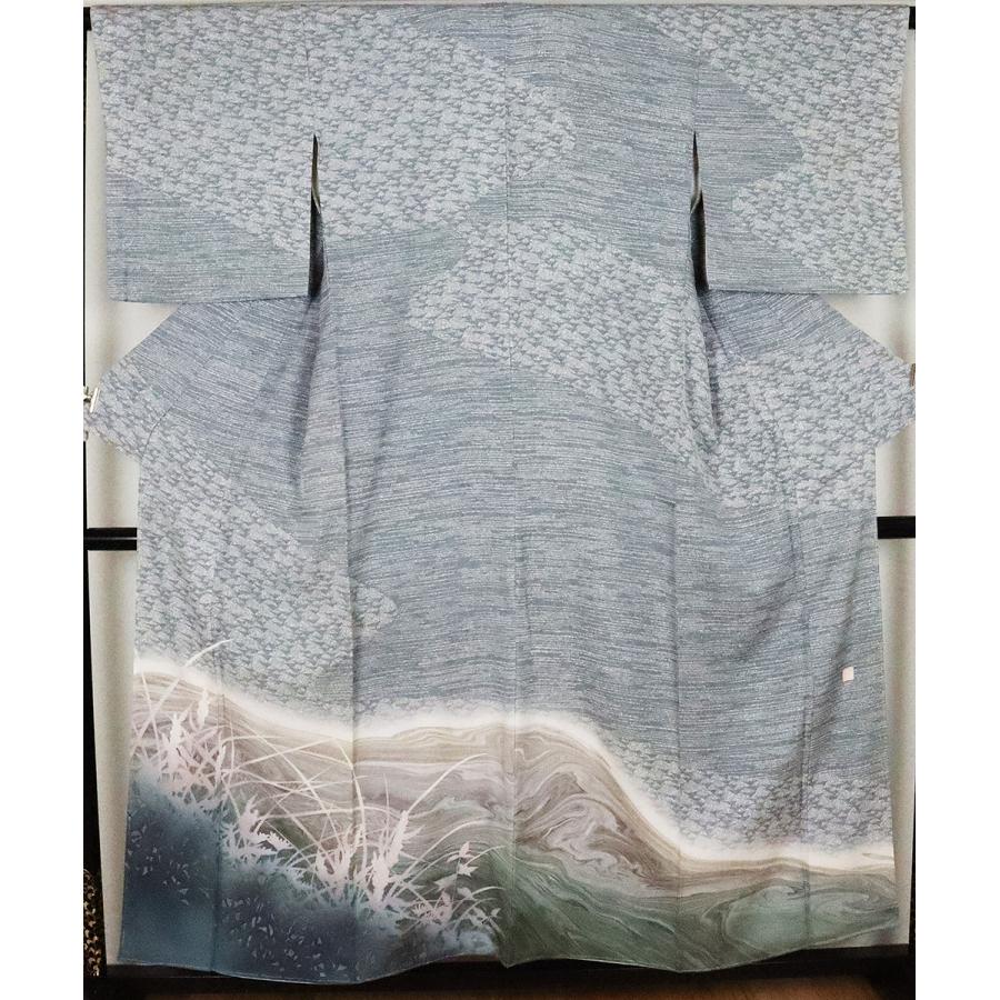 総絞り訪問着流水花草文正絹仮絵羽ブルーグレー