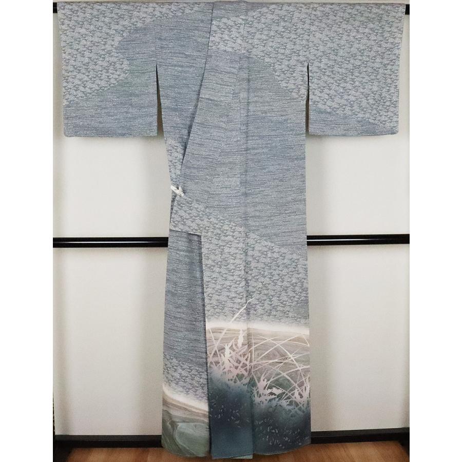 訪問着 正絹 グレー グリーン 暈し 鱗文 飛び縞 さざ波 墨流し 流水 草花 Mサイズ ki20410 新品 公式行事 送料無料 激安の画像