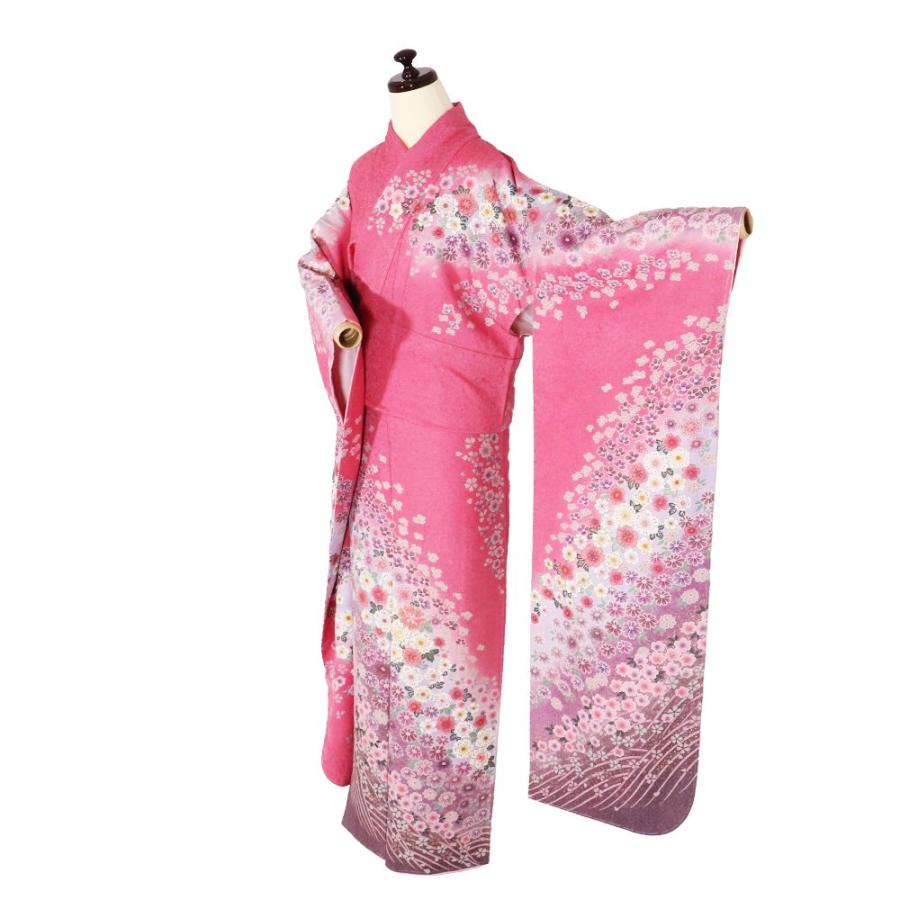 本振袖 正絹 ピンク 紫 桜 菊 椿 花満開 LLサイズ トールサイズ 