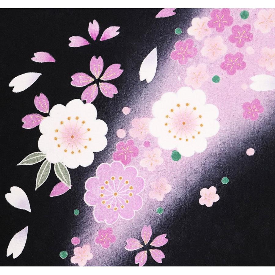 本振袖 正絹 黒 ピンク 紫 桜 梅 雪輪紋 LLサイズ トールサイズ 
