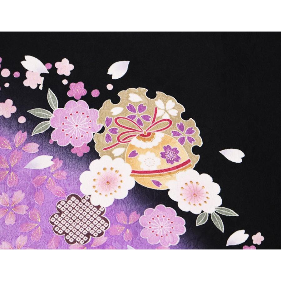 本振袖 正絹 黒 ピンク 紫 桜 梅 雪輪紋 LLサイズ トールサイズ 