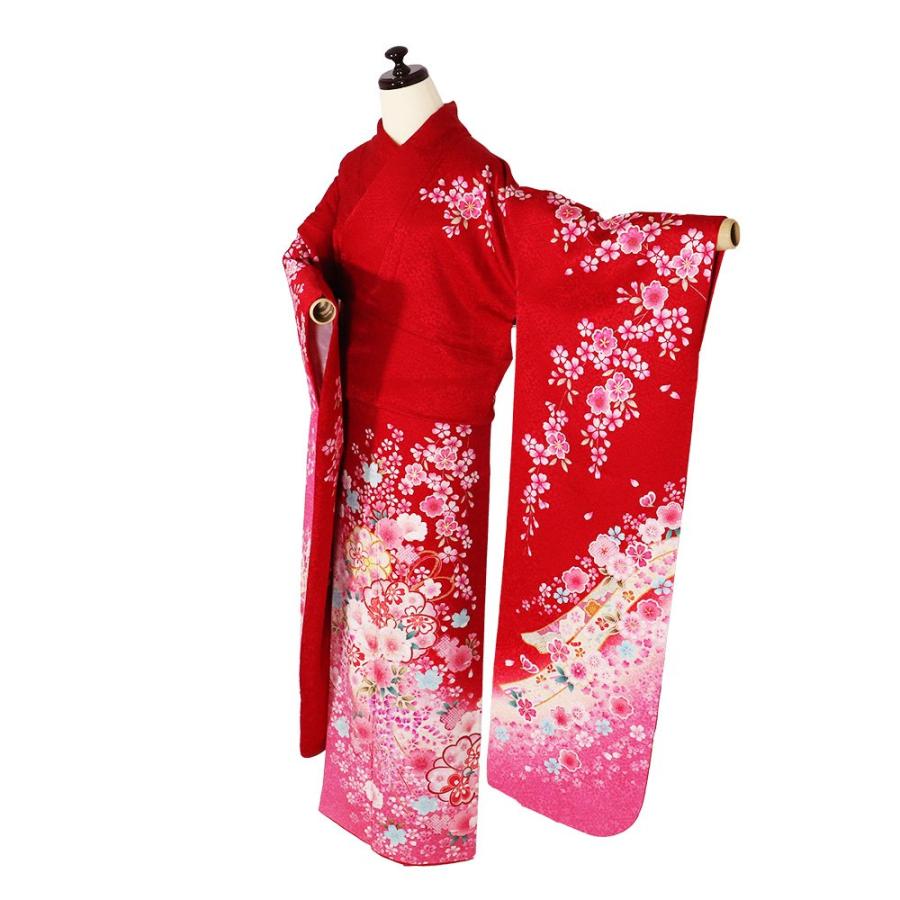 本振袖 正絹 赤 ピンク 黄色 桜花紋 Lサイズ ki20511 美品 着物 