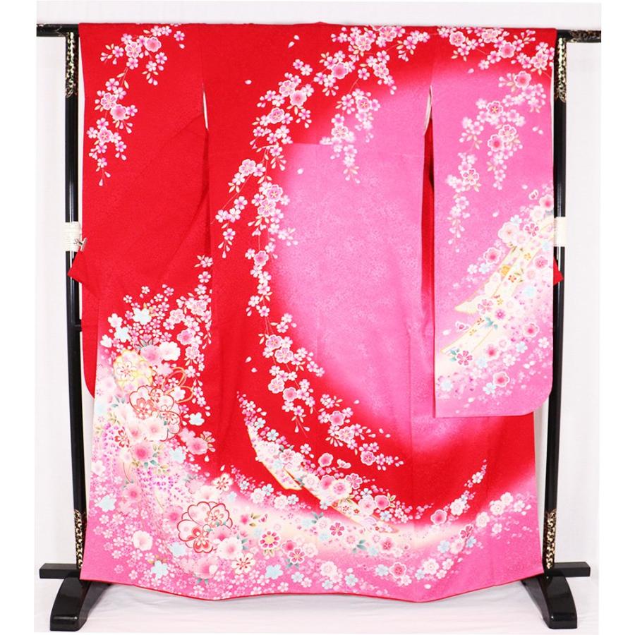 本振袖 正絹 赤 ピンク 黄色 桜花紋 Lサイズ ki20511 美品 着物 