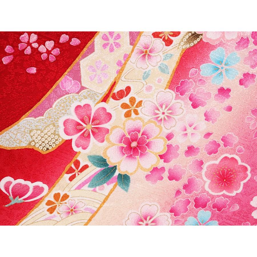 本振袖 正絹 赤 ピンク 黄色 桜花紋 Lサイズ ki20511 美品 着物 