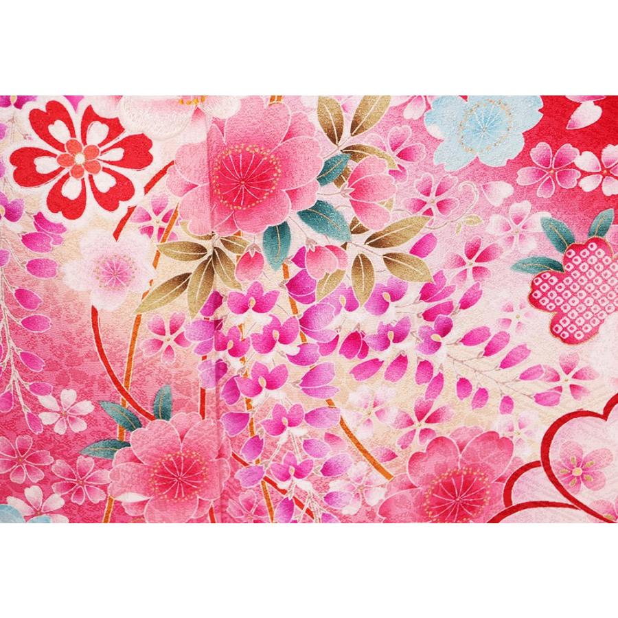 本振袖 正絹 赤 ピンク 黄色 桜花紋 Lサイズ ki20511 美品 着物 