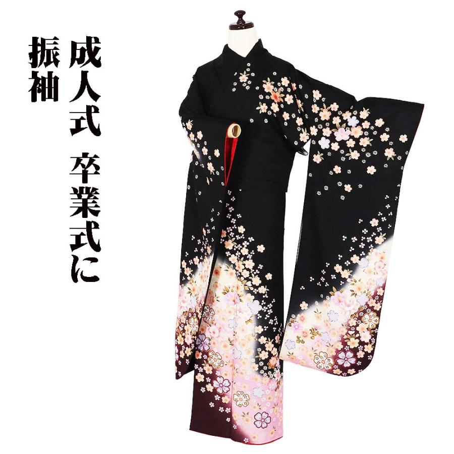 振袖 正絹 黒 ピンク 桜 菊 Mサイズ ki20512 美品 着物 レディース 