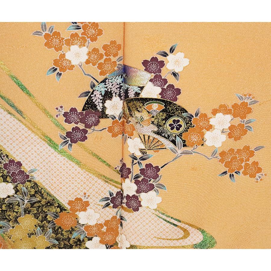 訪問着 正絹 オレンジ 色抹茶 暈し 桜 花扇子 Lサイズ ki20602 新品 
