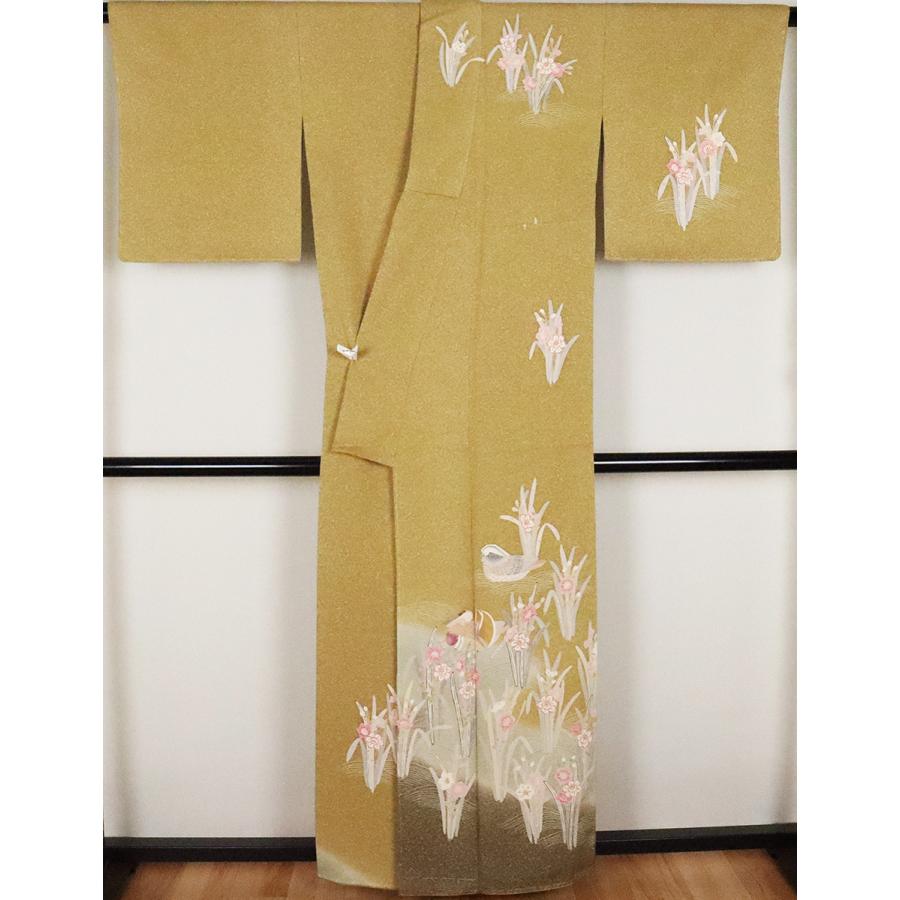 友禅訪問着 袷 正絹 オシドリ 黄緑 緑 暈し Lサイズ ki20609 新品 着物 レディース シルク オールシーズン 送料無料 激安の画像