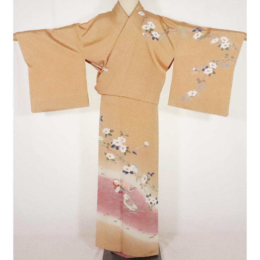 美品オレンジ色の訪問着おしどり柄