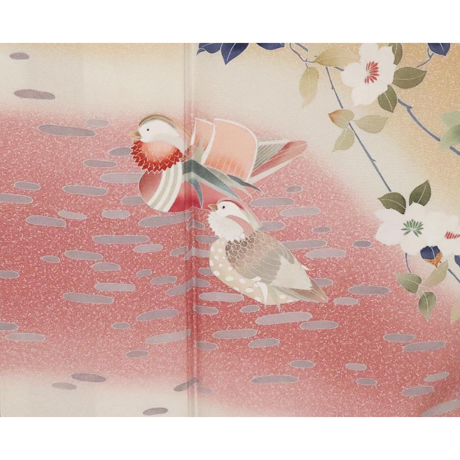 訪問着　付下げ　袷　正絹　薄橙　オレンジベージュ 友禅訪問着 正絹 オシドリ オレンジ ベージュ Lサイズ ki20695