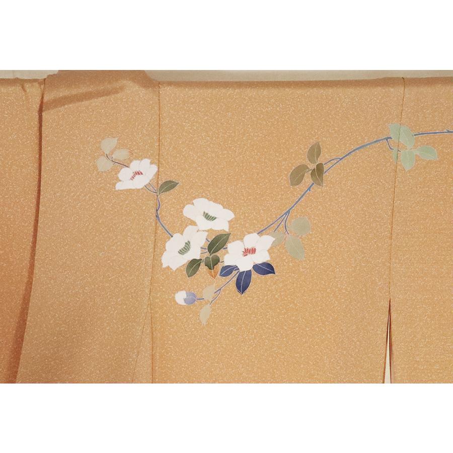 訪問着　付下げ　袷　正絹　薄橙　オレンジベージュ 友禅訪問着 正絹 オシドリ オレンジ ベージュ Lサイズ ki20695