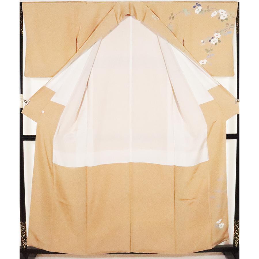 訪問着　付下げ　袷　正絹　薄橙　オレンジベージュ 友禅訪問着 正絹 オシドリ オレンジ ベージュ Lサイズ ki20695