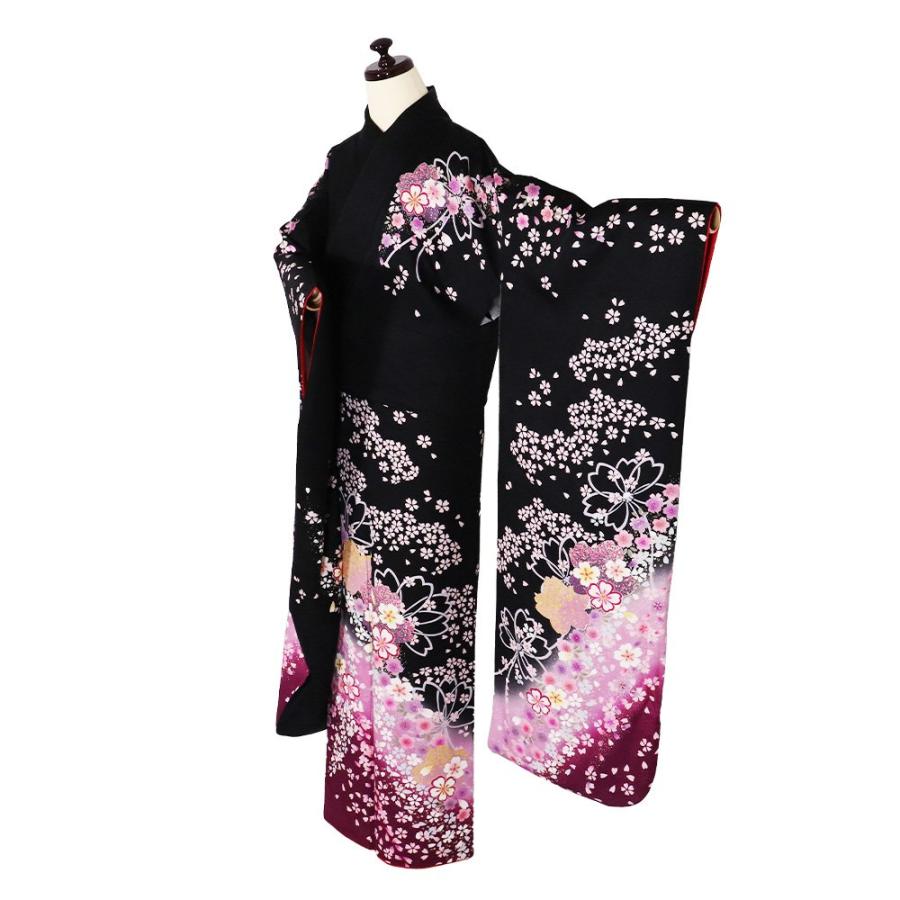 振袖 正絹 黒 ピンク 紫 桜紋 LLサイズ トールサイズ ki20843 美品