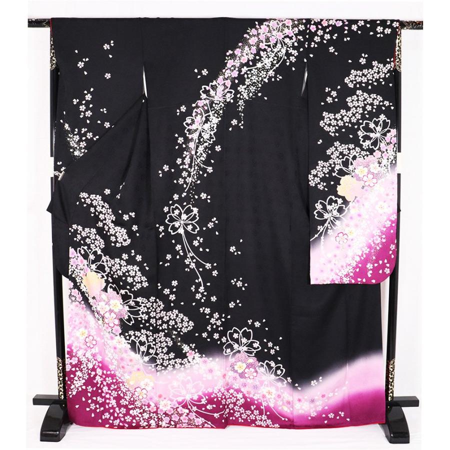 振袖 正絹 黒 ピンク 紫 桜紋 LLサイズ トールサイズ ki20843 美品  