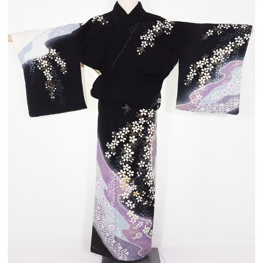 辻が花訪問着 袷 正絹 黒 白 絞り辻が花 桜 Lサイズ ki20938 着物 