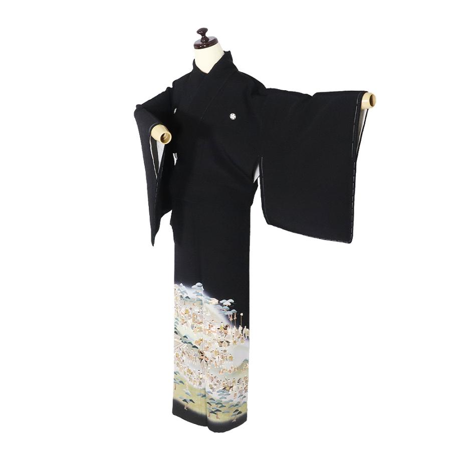 黒留袖 袷 正絹 大名行列 比翼仕立て Mサイズ ki21350 美品 着物