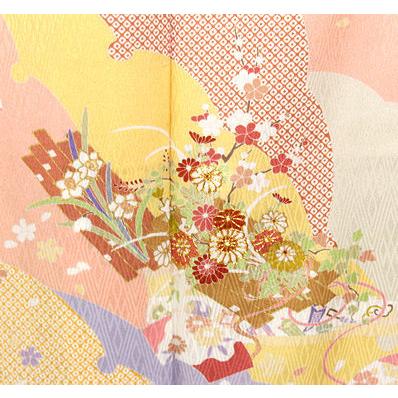 友禅訪問着 袷 正絹 ベージュ ピンク 紫 薄緑 雪輪紋 地紙紋 松竹梅 宝尽くし Lサイズ ki21678 新品の画像