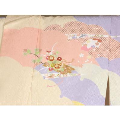 友禅訪問着 袷 正絹 ベージュ ピンク 紫 薄緑 雪輪紋 地紙紋 松竹梅 宝尽くし Lサイズ ki21678 新品の画像