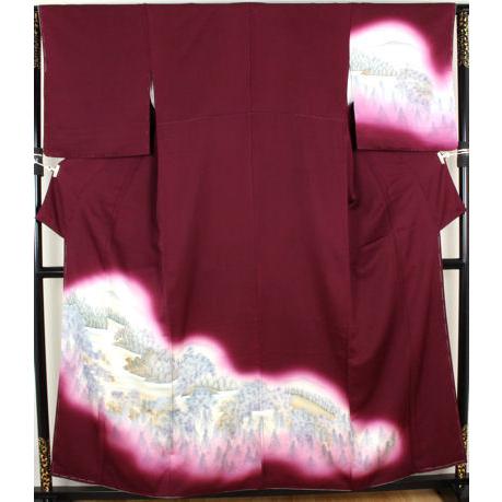 訪問着 袷 正絹 赤紫 山水画 Mサイズ kim35 新品 着物 レディース 公式 