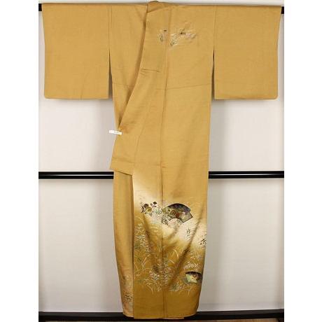 訪問着 正絹 黄土色 金箔焼き加工 梅花扇 Sサイズ 美品 着物 