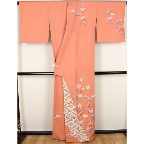 訪問着　付下げ　袷　正絹　明るいサーモンピンク　トールサイズ　ロング丈 訪問着 付下げ 袷 正絹 サーモンピンク 桃色 トールサイズ