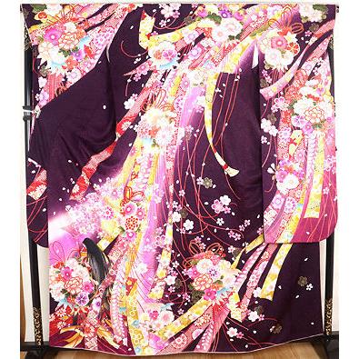 送料無料】本振袖☆正絹☆小野小町に熨斗束文 7号 ki23407【美品 