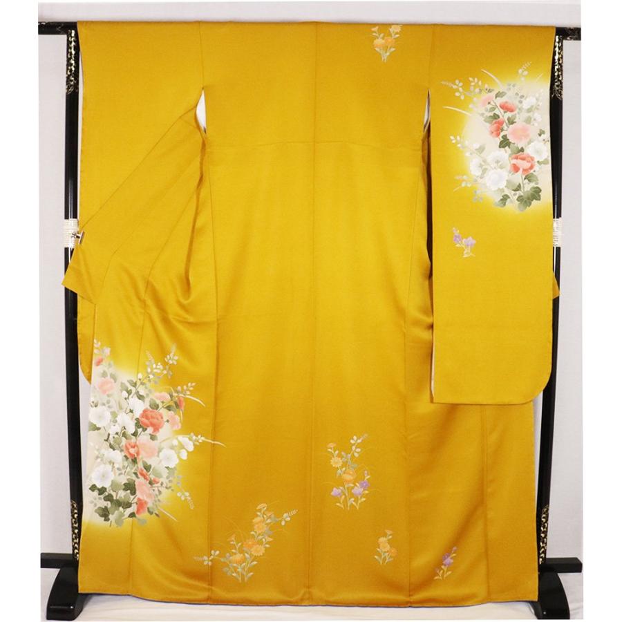 振袖 正絹 黄土色 菊 桔梗 牡丹 トールサイズ ki23742 新品 レディース 