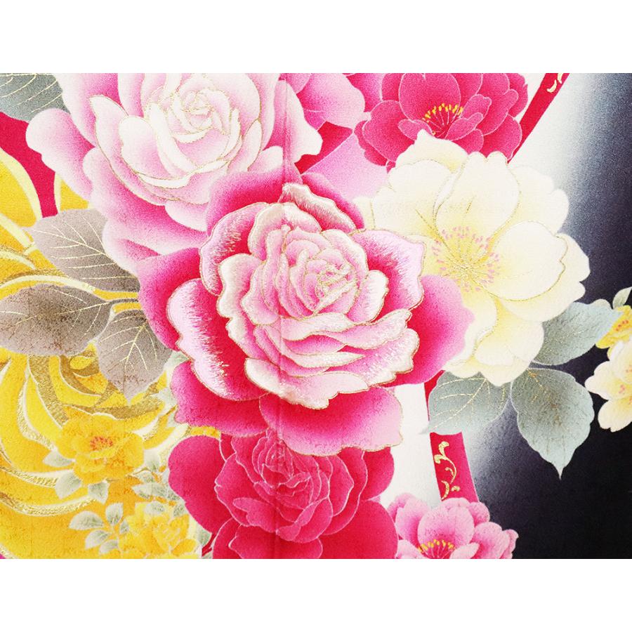 本振袖 正絹 ローズピンク 黒 薔薇 Lサイズ ki24883 新品 着物 