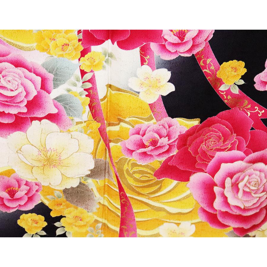 本振袖 正絹 ローズピンク 黒 薔薇 Lサイズ ki24883 新品 着物 