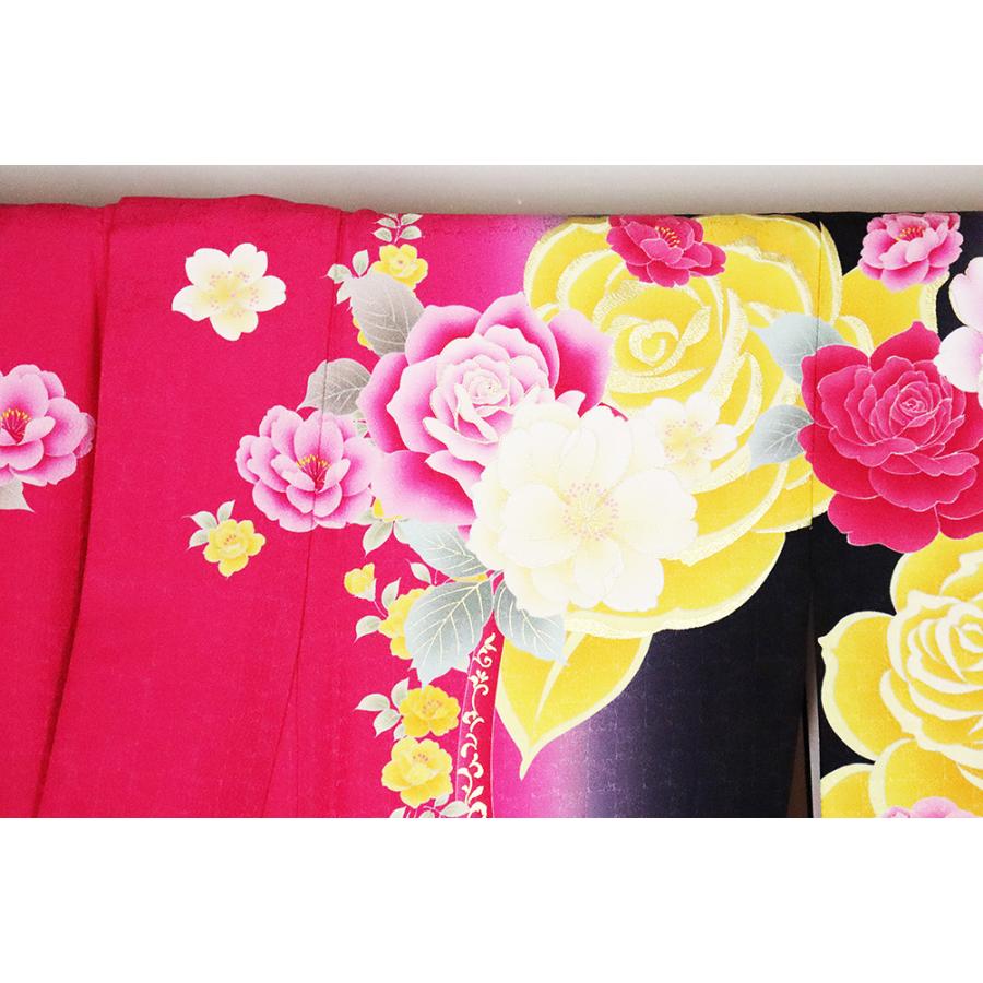 本振袖 正絹 ローズピンク 黒 薔薇 Lサイズ ki24883 新品 着物 
