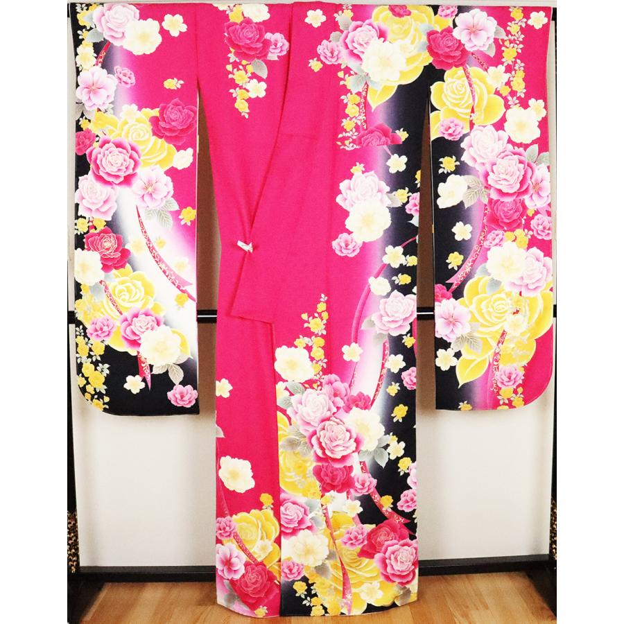 本振袖 正絹 ローズピンク 黒 薔薇 Lサイズ ki24883 新品 着物