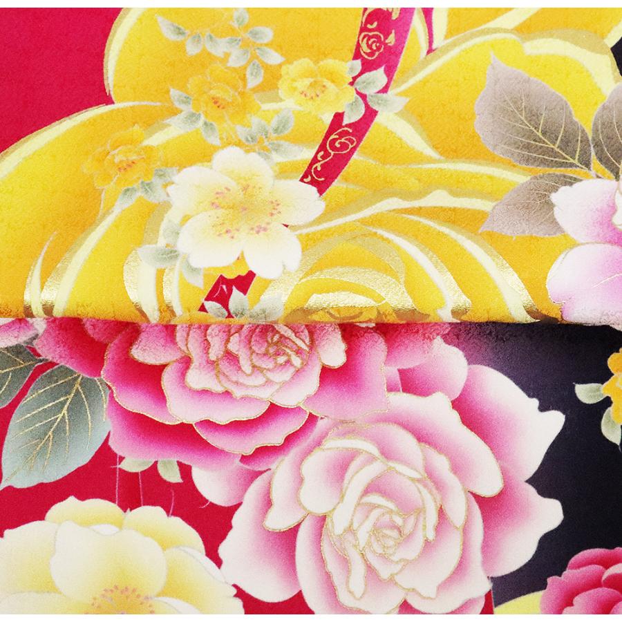 本振袖 正絹 ローズピンク 黒 薔薇 Lサイズ ki24883 新品 着物 