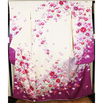 振袖 正絹 白 薄紫 紫 花満開 Lサイズ ki24938 美品 着物 レディース 