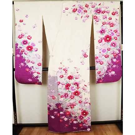振袖 正絹 白 薄紫 紫 花満開 Lサイズ ki24938 美品 着物 レディース  