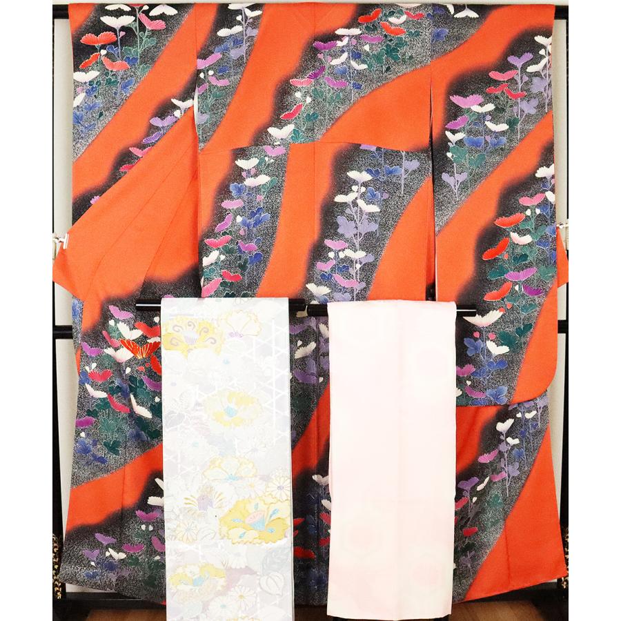 振袖 長襦袢 袋帯 セット 正絹 菊花 Mサイズ ki25006 美品 振袖3点 