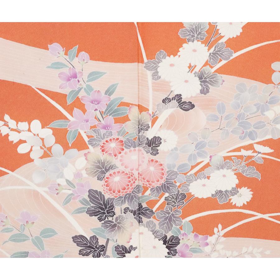 訪問着 袷 正絹 サーモンピンク 菊 萩 桔梗 Mサイズ ki25322 美品 着物 