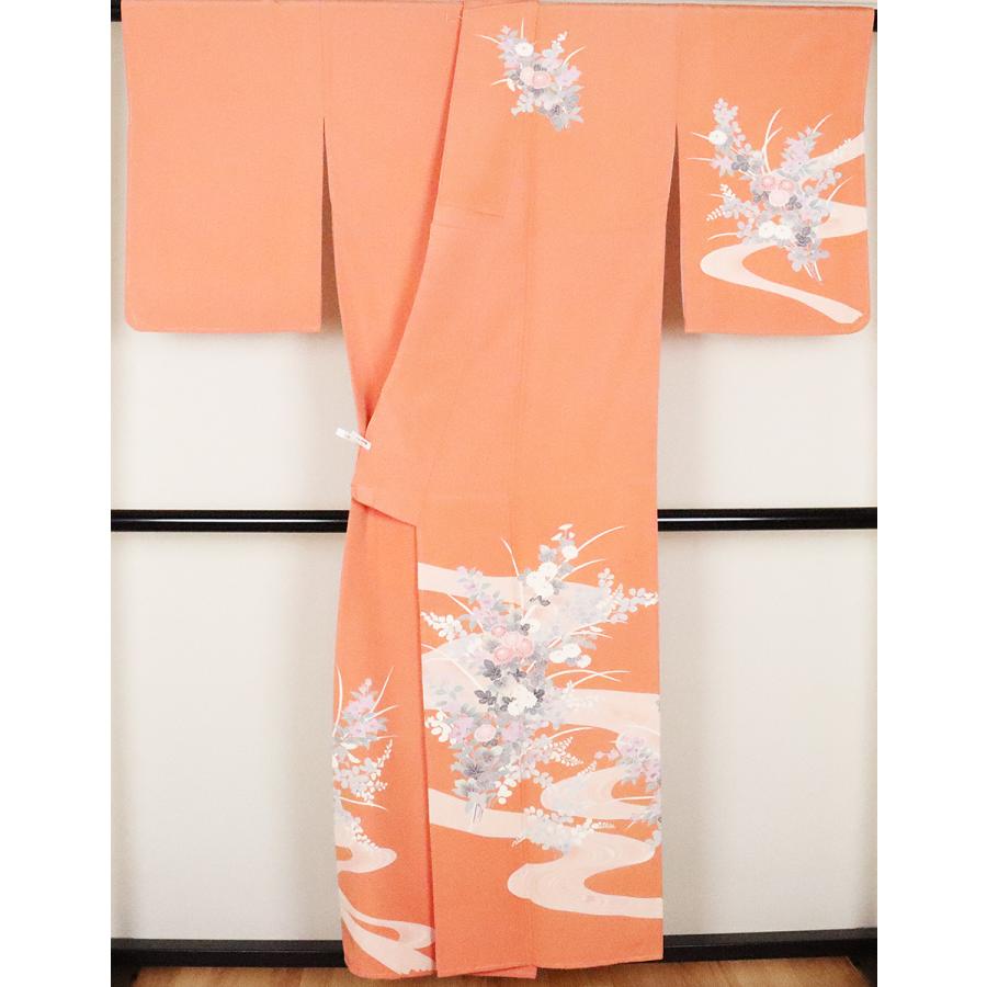 訪問着 袷 正絹 サーモンピンク 菊 萩 桔梗 Mサイズ ki25322 美品 着物 